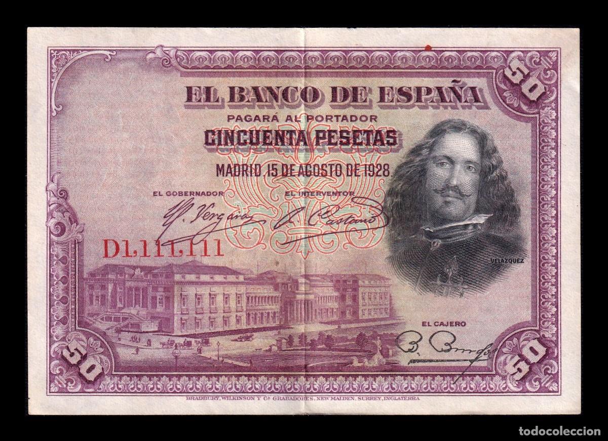 Billetes espa&ntilde;oles: Espa&ntilde;a 50 Pesetas Vel&aacute;zquez 1928 Pick 75 Capic&uacute;a Mbc/Ebc Vf/Xf
