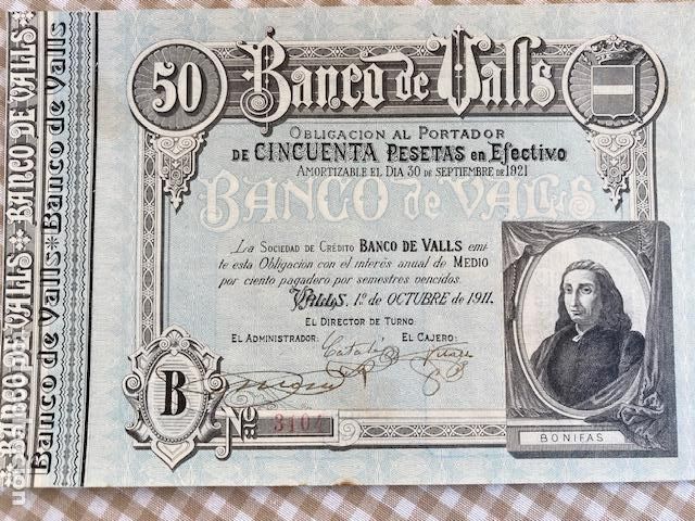 Billetes espa&ntilde;oles: Banco de Valls, Tarragona. Billete-obligacion de 50 Pesetas. 1911. Firmado