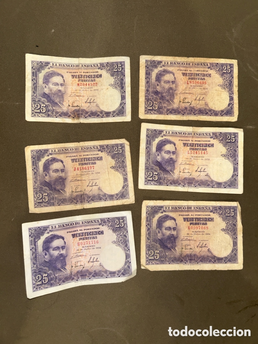Billetes espa&ntilde;oles: LOTE DE 6 BILLETES 25 PESETAS 1954 ISAAC ALBENIZ *DIFERENTES SERIES* *VER FOTOS, LEER DESCRIPCION*