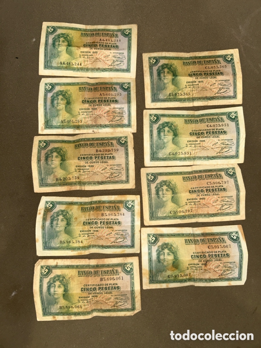 Billetes espa&ntilde;oles: LOTE DE 9 BILLETES 5 PESETAS 1935 ESPA&Ntilde;A *DIFERENTES SERIES* *VER FOTOS, LEER DESCRIPCI&Oacute;N*