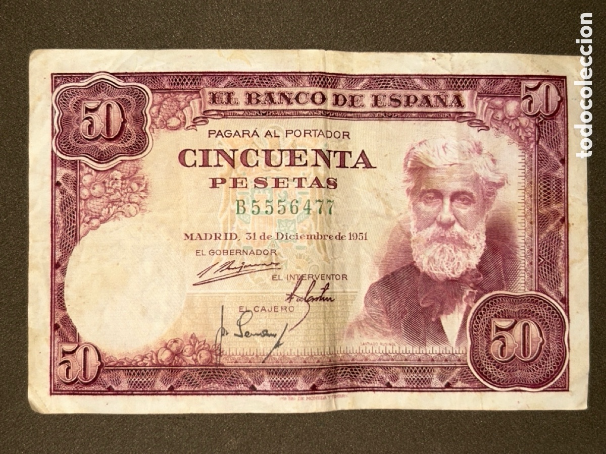 Billetes espa&ntilde;oles: BILLETE DE 50 PESETAS DEL A&Ntilde;O 1951 DE SANTIAGO RUSI&Ntilde;OL SERIE B