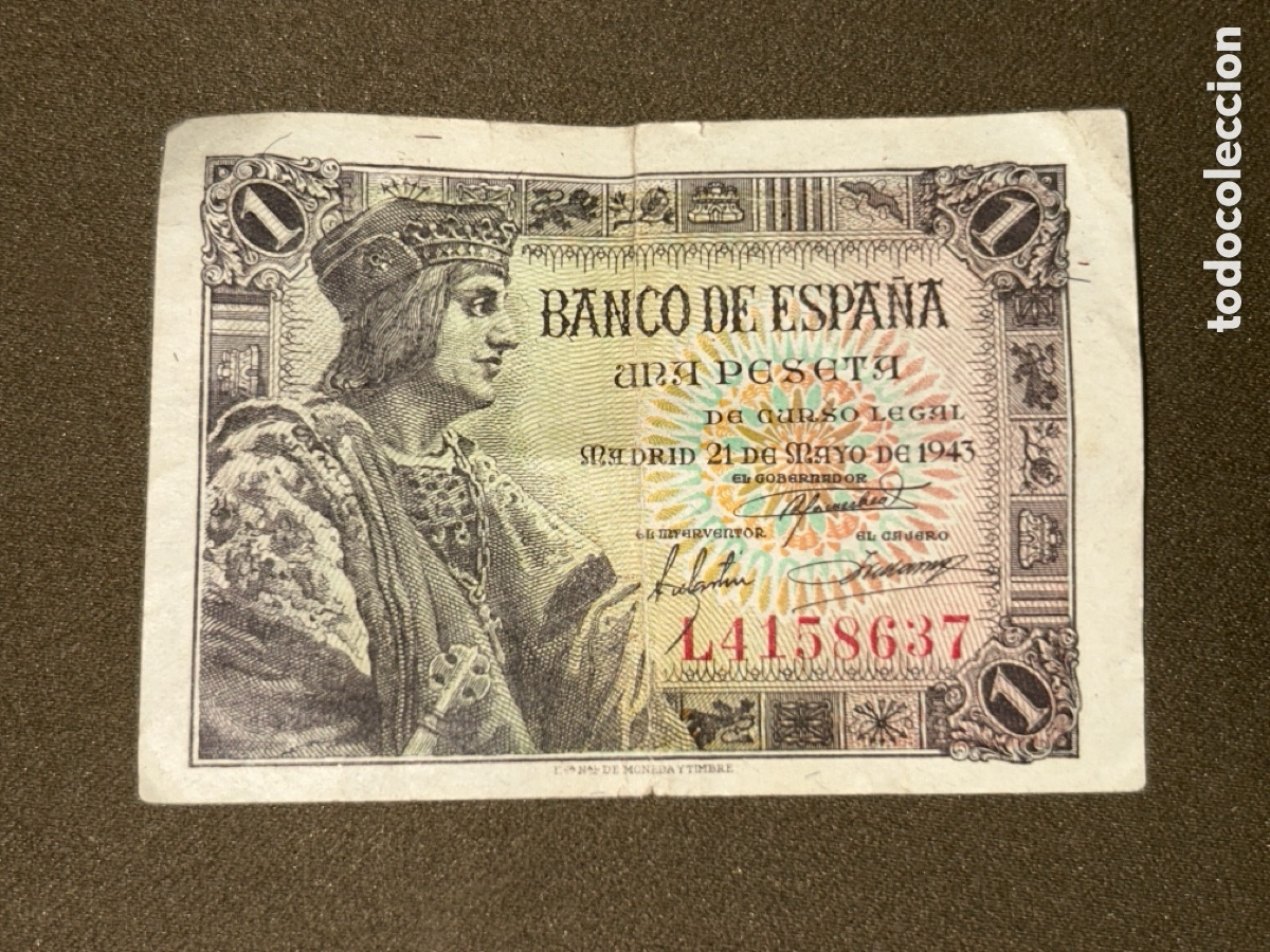 Billetes espa&ntilde;oles: BILLETE 1 PESETA 1943 FERNANDO EL CAT&Oacute;LICO, SERIE L