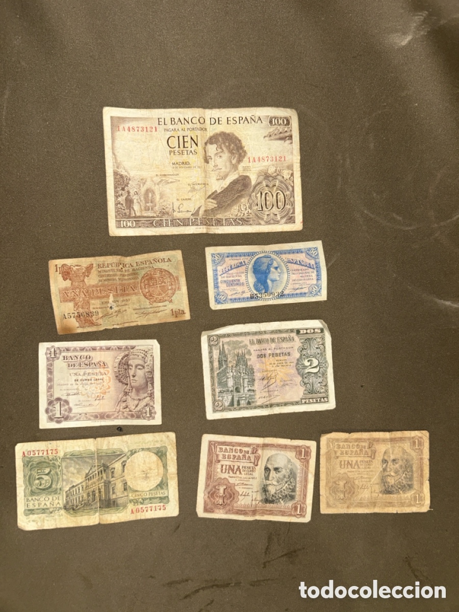 Billetes espa&ntilde;oles: LOTE DE 8 BILLETES DIFERENTES, 100 PTAS 1965, 5 PTAS 1954, 1 PTA 1948, ETC, *LEER DESCRIPCI&Oacute;N*
