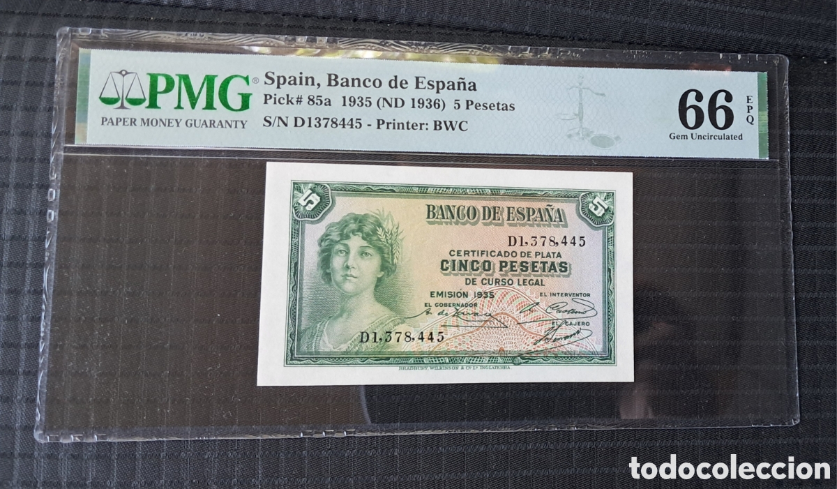 Billetes espa&ntilde;oles: Billete 5 pesetas 1935 pmg 66 epq