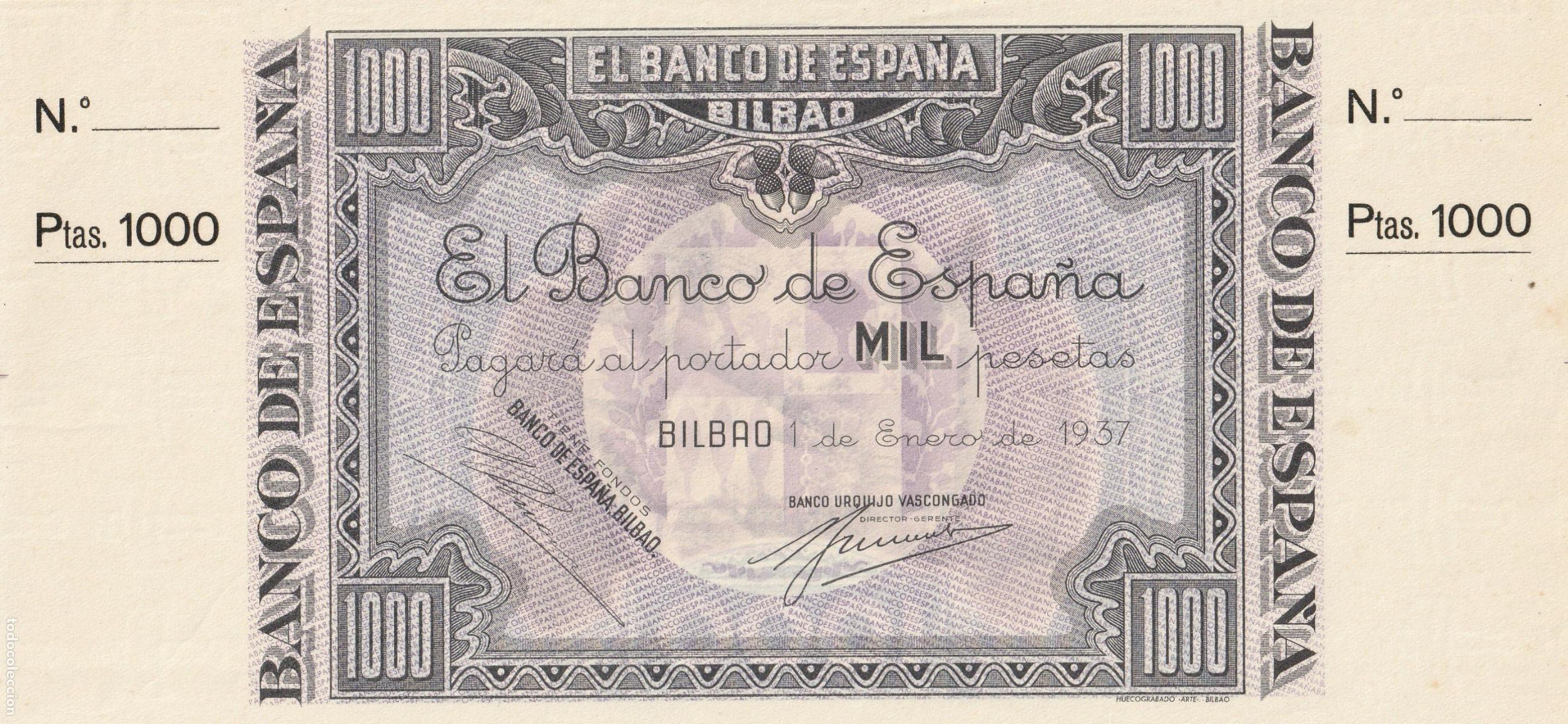 Notas espanholas: BILLETE 1000 PESETAS BANCO ESPA&Ntilde;A EN BILBAO EUZKADI A&Ntilde;O 1937 GUERRA CIVIL BANCO URQUIJO VASCONGADO