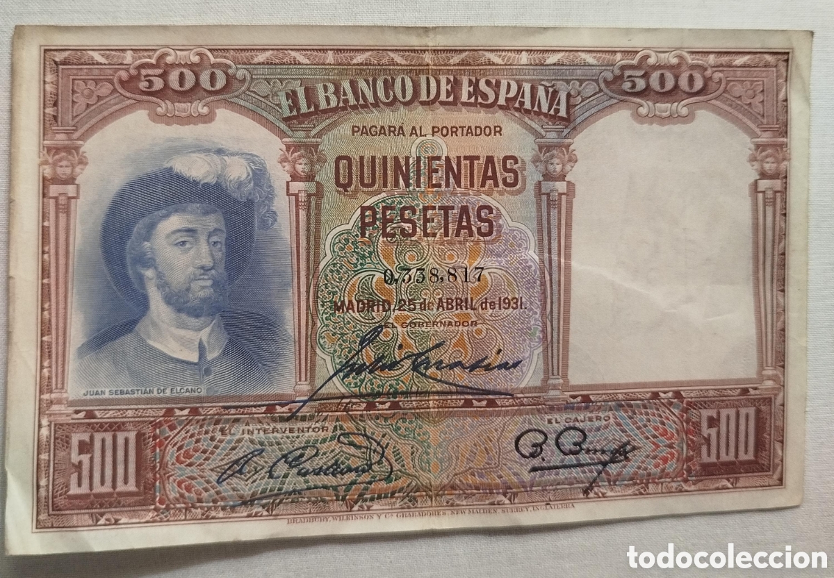 Billetes espa&ntilde;oles: Billete 500 Pesetas 1931 - II Rep&uacute;blica - Juan Sebasti&aacute;n Elcano - Original
