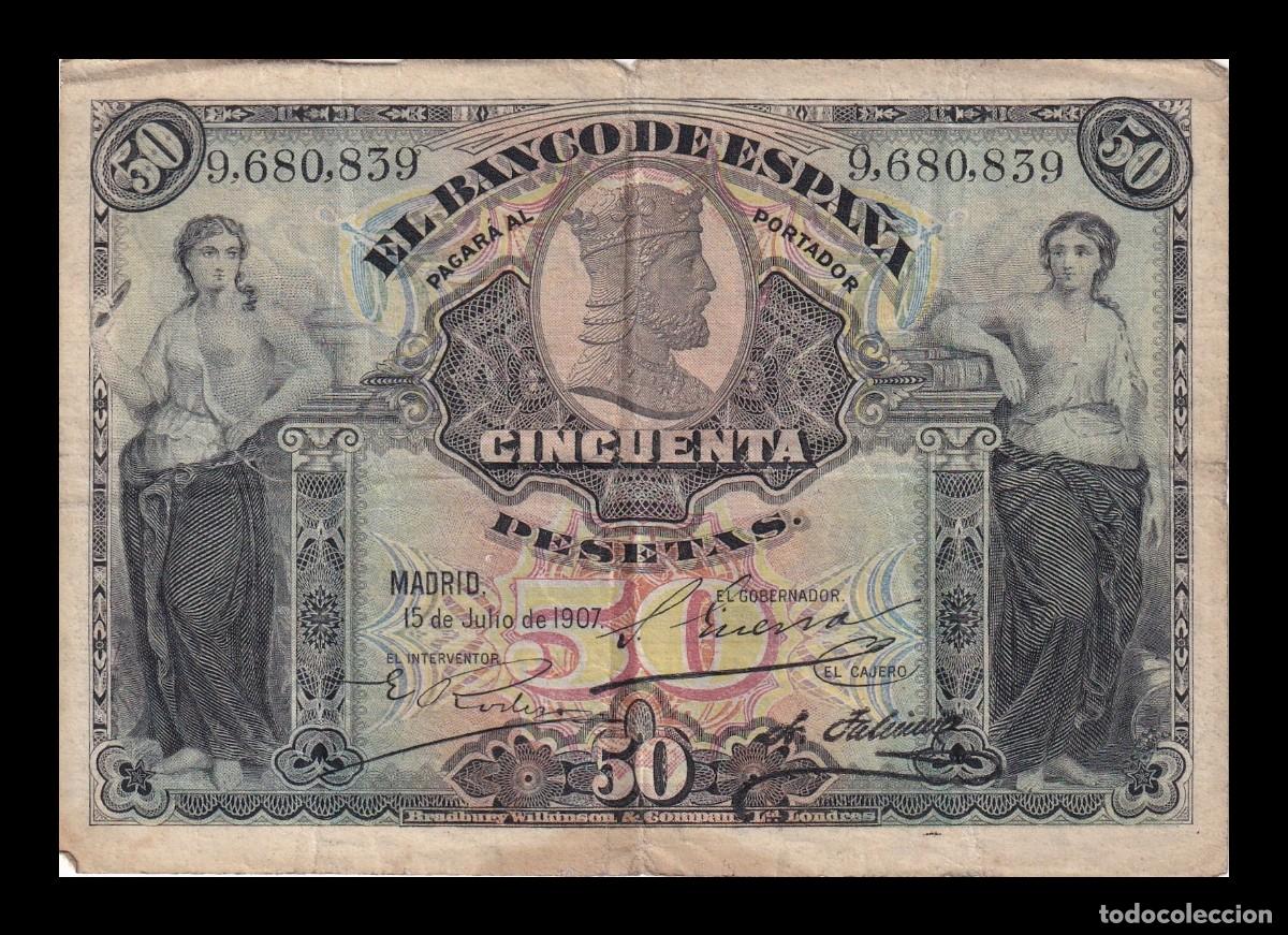 Billetes espa&ntilde;oles: Espa&ntilde;a 50 Pesetas Alegor&iacute;as 1907 Pick 63a Bc+