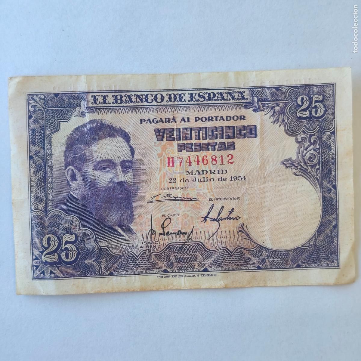 Billetes espa&ntilde;oles: BILLETE DE 25 PESETAS DEL A&Ntilde;O 1954 DE ISAAC ALBENIZ SERIE H