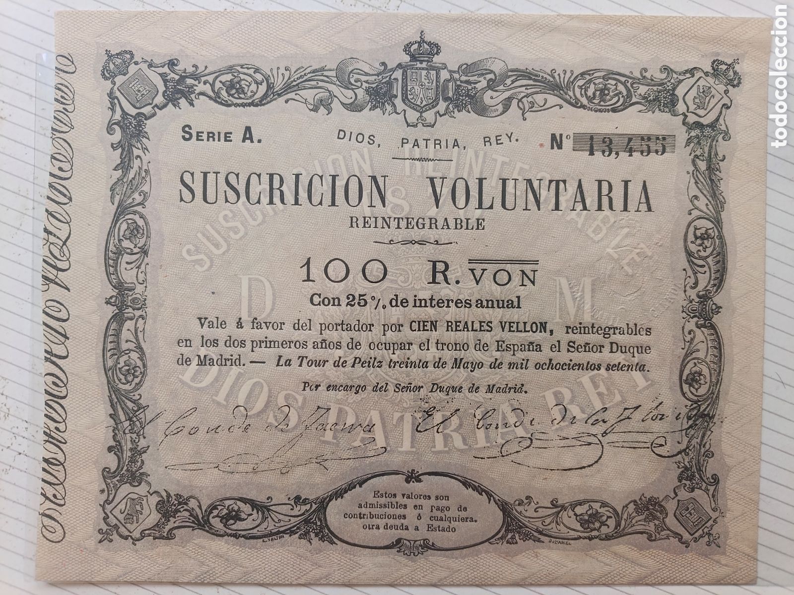 Billetes espa&ntilde;oles: Billete SC Vale al portador 100 Reales de Vell&oacute;n carlista 1870 Suscripci&oacute;n voluntaria, Carlismo