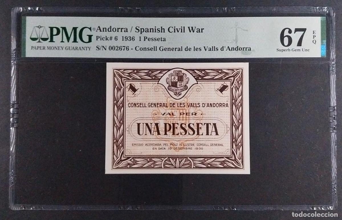Spanische Banknoten: 1 PESETA 1936 Pick6 ANDORRA MARR&Oacute;N PMG 67 EPQ SC