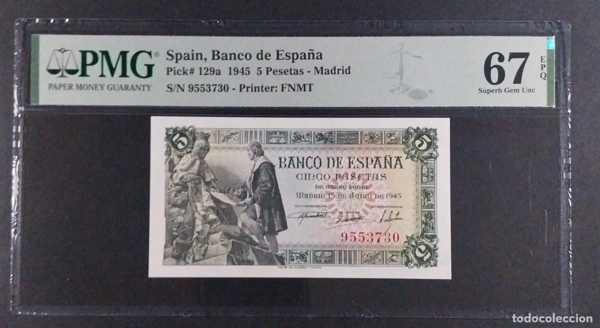 Spanische Banknoten: 5 PESETAS 1945 SIN SERIE (CAPITULACIONES) PMG 67 EPQ SC PICK# 129a