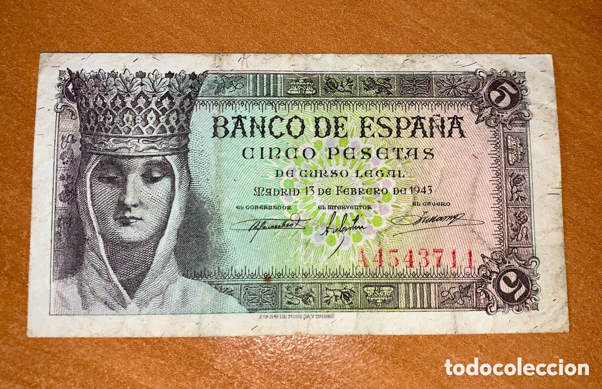 Billetes espa&ntilde;oles: Billete 5 pesetas de 1943. Serie A. MBC