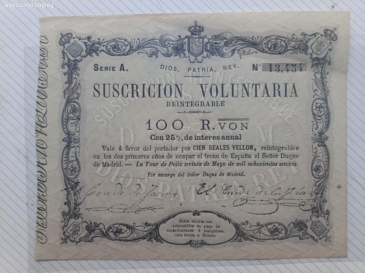 Billetes espa&ntilde;oles: BILLETE SC-.VALE AL PORTADOR 100 REALES DE VELL&Oacute;N CARLISTA 1870 SUSCRIPCI&Oacute;N VOLUNTARIA, CARLISMO