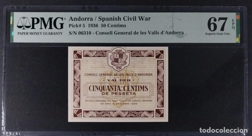 Billetes espa&ntilde;oles: ANDORRA CINCUANTA CENTIMIS DE PESSETA DE ANDORRA 1936 MARR&Oacute;N PMG 67 EPQ POP TOP SC