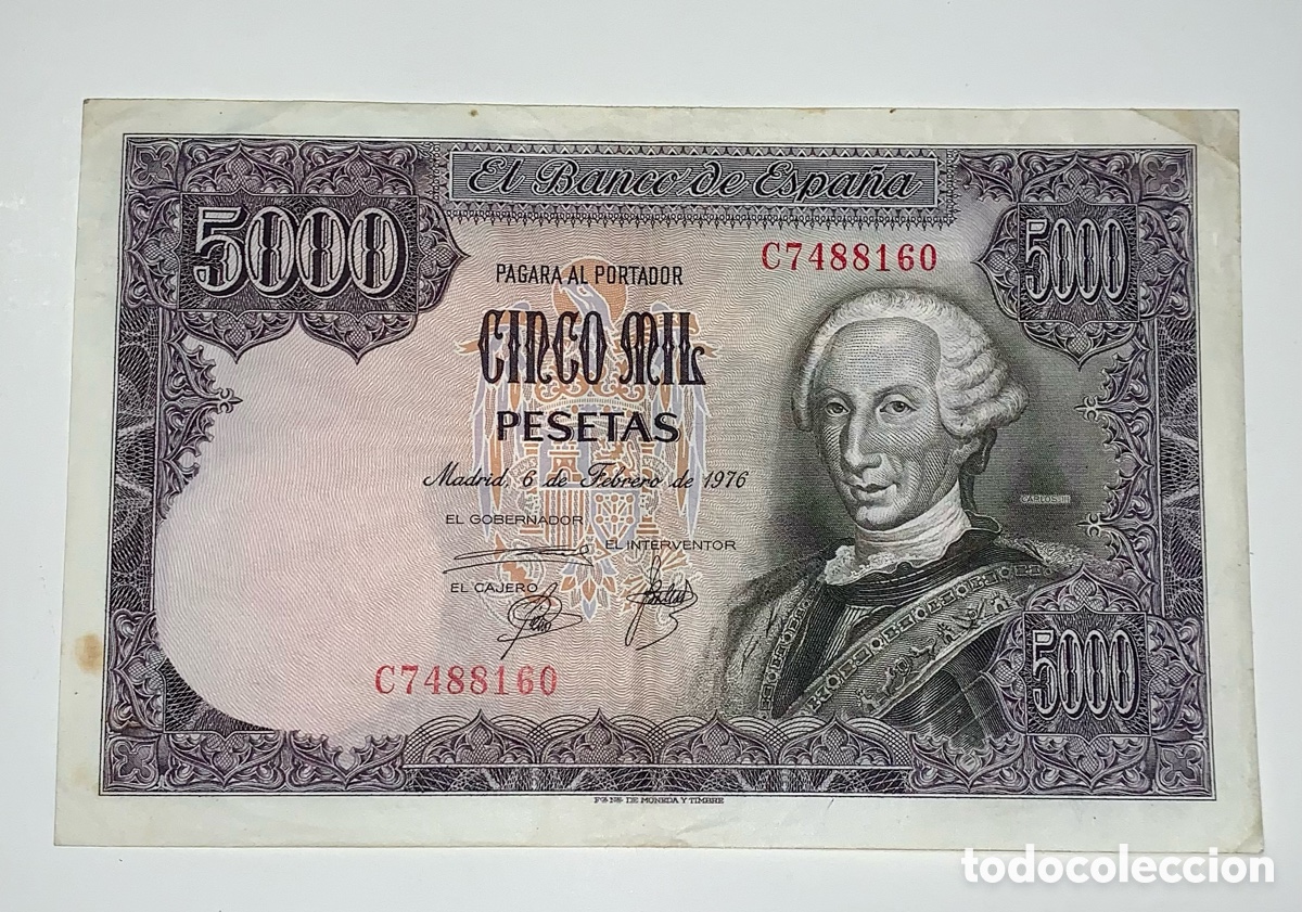 Billetes espa&ntilde;oles: 5000 pesetas de 1976. Serie C. MBC