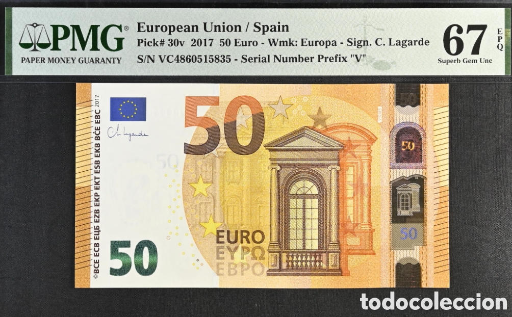 Billetes espa&ntilde;oles: Billete 50 EUROS ESPA&Ntilde;A 2017 -LAGARDE- PMG 67 EPQ, Pick 30v, VC