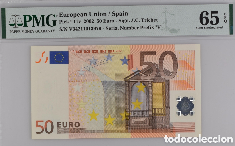 Billetes espa&ntilde;oles: Billete 50 EUROS ESPA&Ntilde;A 2002 -TRICHET- PMG 65 EPQ, Pick 11v