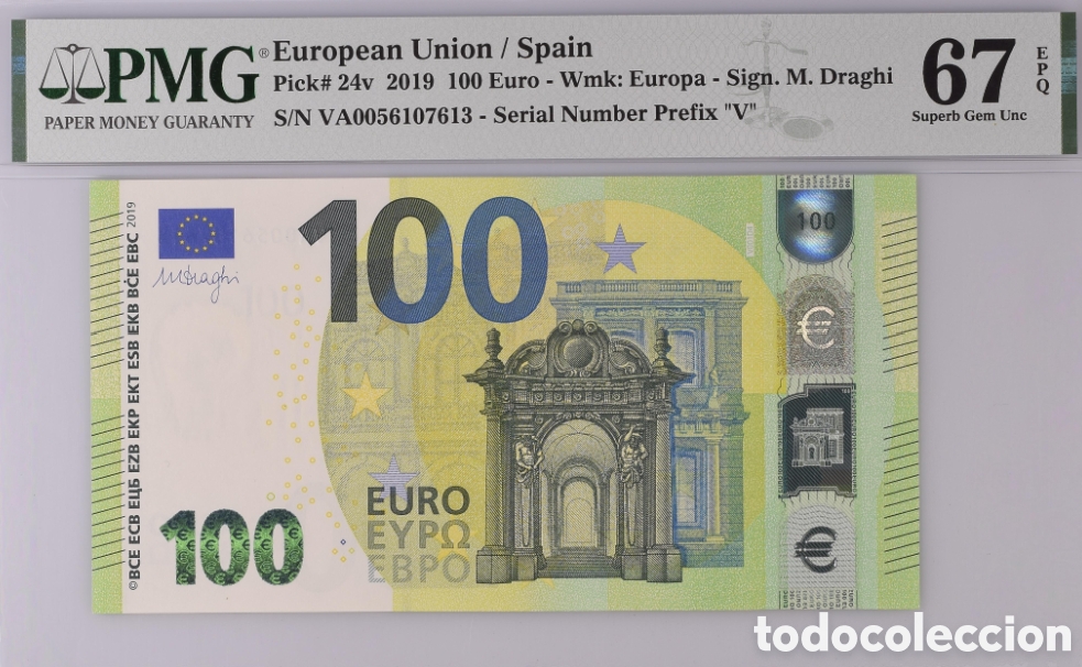Billetes espa&ntilde;oles: Billete 100 EUROS ESPA&Ntilde;A 2019 -M. DRAGHI- PMG 67 EPQ, Pick 24v, serie VA