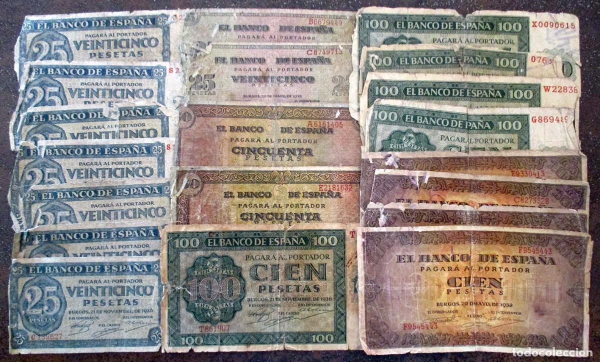 Banconote spagnole: LOTE DE BILLETES ESPA&Ntilde;OLES DEL ESTADO ESPA&Ntilde;OL, IMPRESOS EN 1936 Y 1938, BURGOS. LOTE 2330