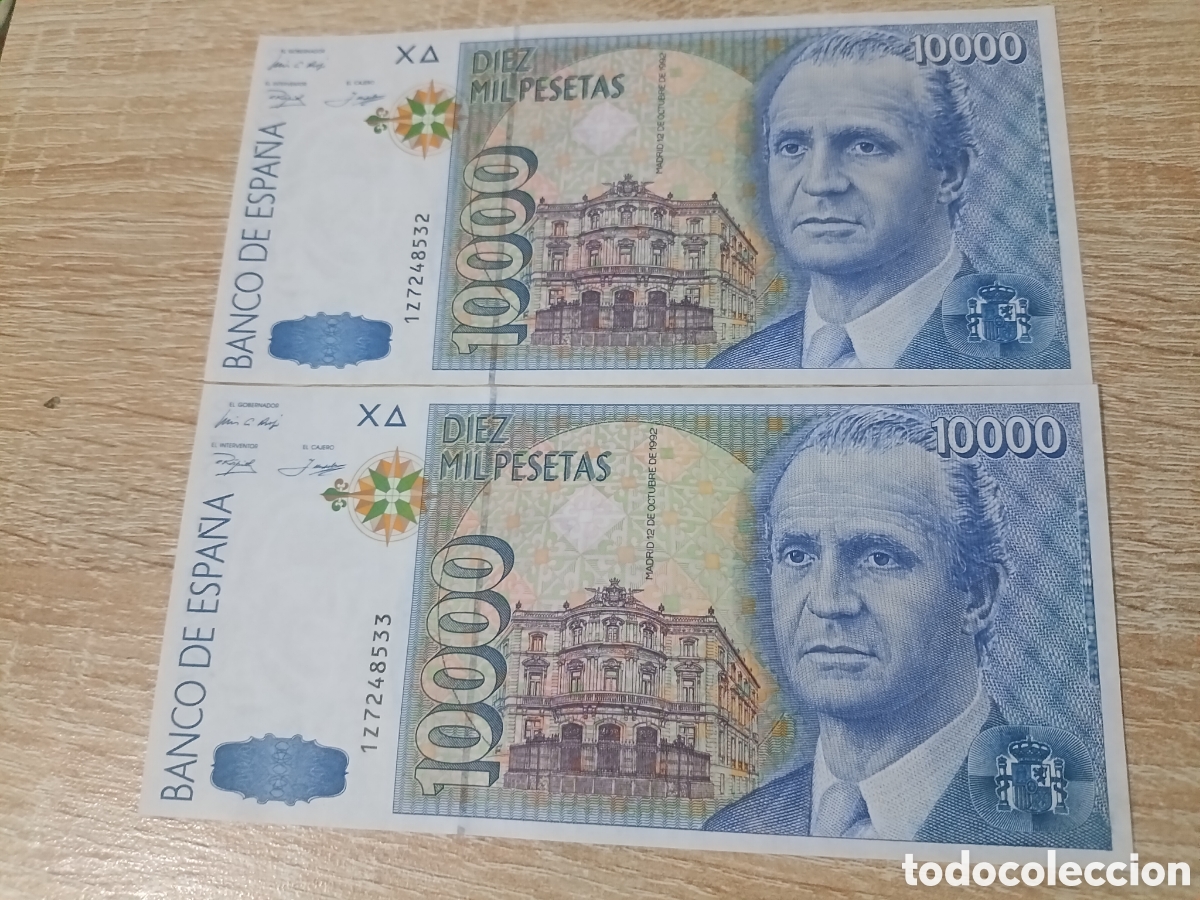 Billetes espa&ntilde;oles: Pareja de correlativos 10000 PESETAS, 12 OCTUBRE 1992. SIN SERIE, SC. PLANCHA JUAN CARLOS I