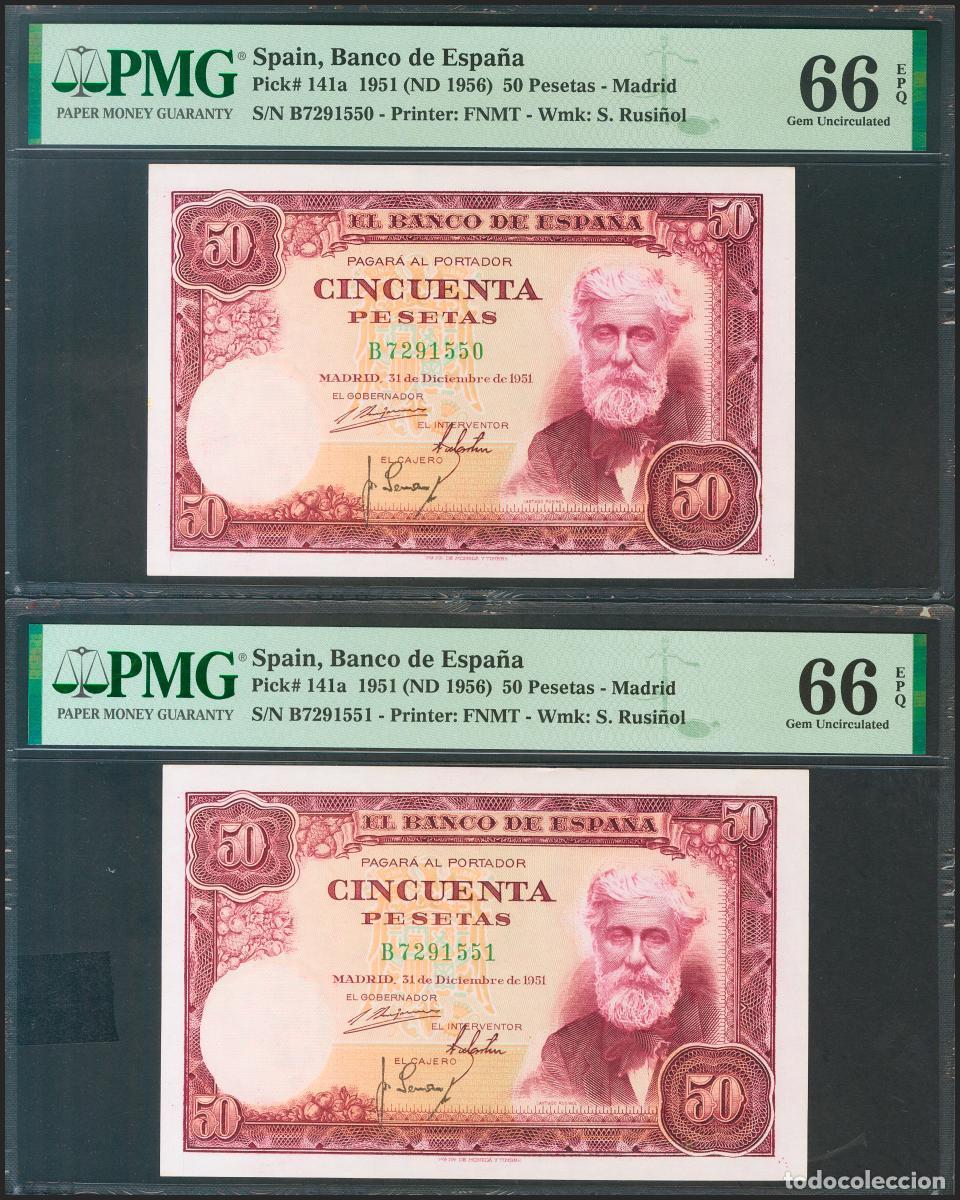 Billetes espa&ntilde;oles: 50 Pesetas. 31 de Diciembre de 1951. Pareja correlativa. Serie B. (Edifil 2021: 462a). Rar&iacute;sima en e