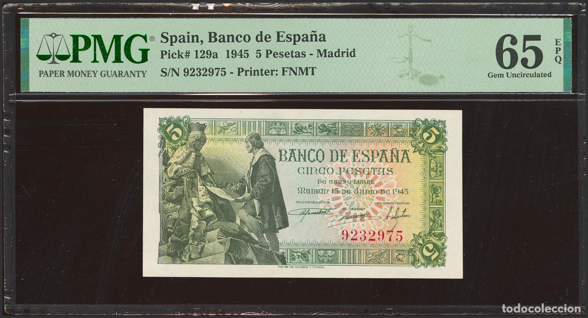 Billetes espa&ntilde;oles: 5 Pesetas. 15 de Junio de 1945. Sin serie. (Edifil 2023: 449, Pick: 129a). Inusual en esta calidad,