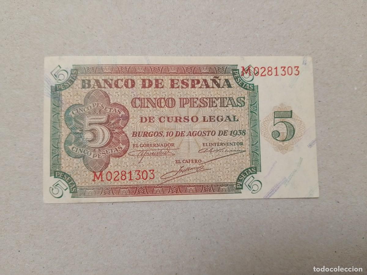 Billetes espa&ntilde;oles: 5 pesetas 1938 serie M0281303, n&ordm; bajo, sin circular-/aUNC