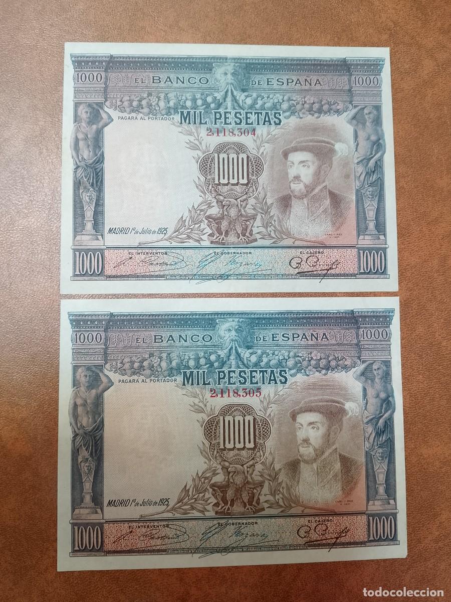 Billetes espa&ntilde;oles: Pareja correlativa, 1000 pesetas 1925 numeraci&oacute;n monarquica, ebc/sc-