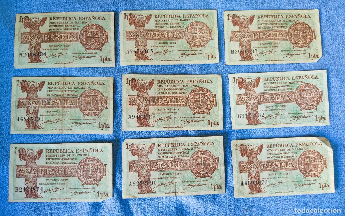 Billetes espa&ntilde;oles: LOTE DE 9 BILLETES ORIGINALES DE LA REPUBLICA ESPA&Ntilde;OLA DE UNA PESETA DEL A&Ntilde;O 1937