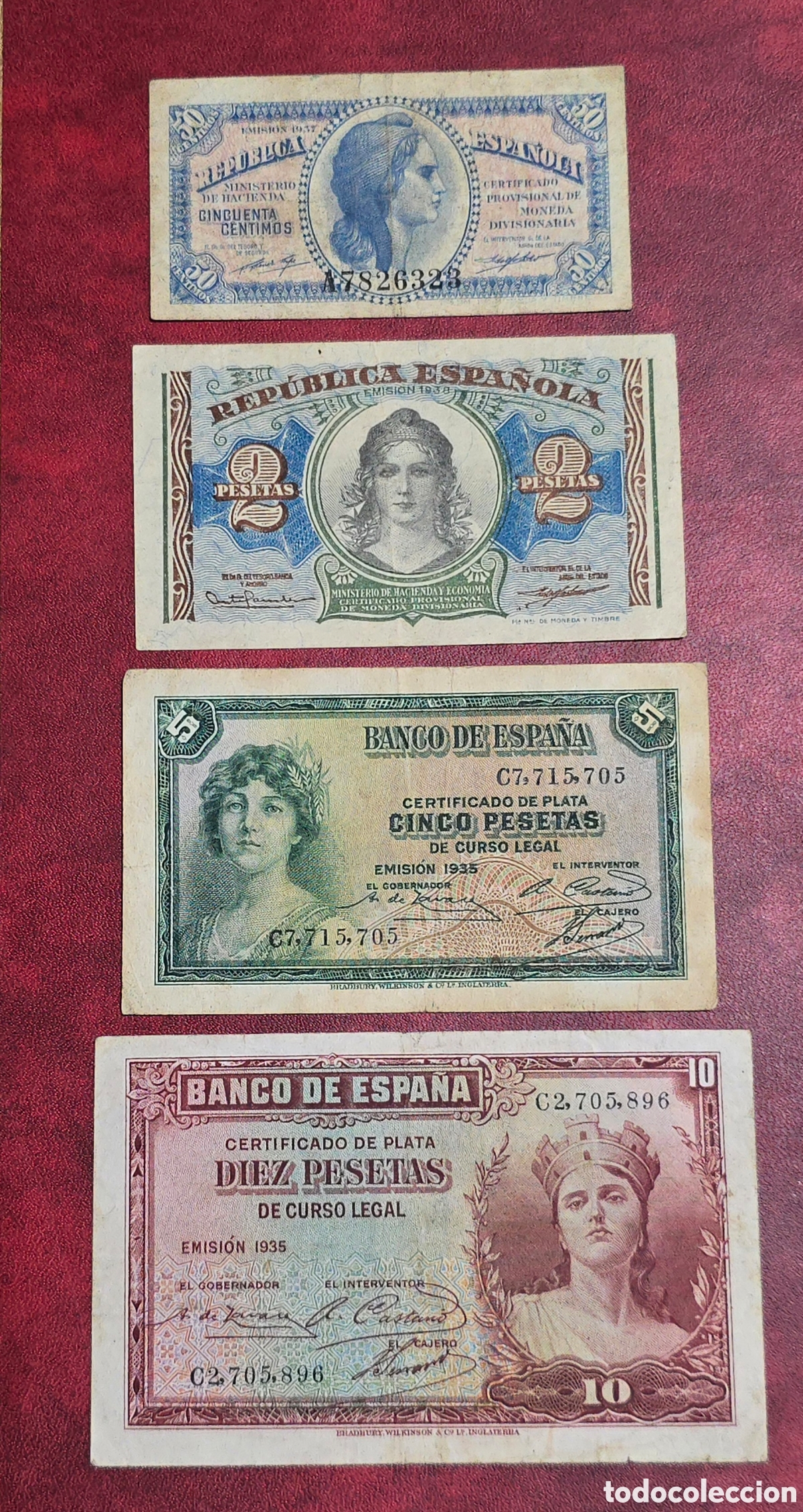 Billetes espa&ntilde;oles: Lote de 4 billetes de la Rep&uacute;blica Espa&ntilde;ola 1935-40