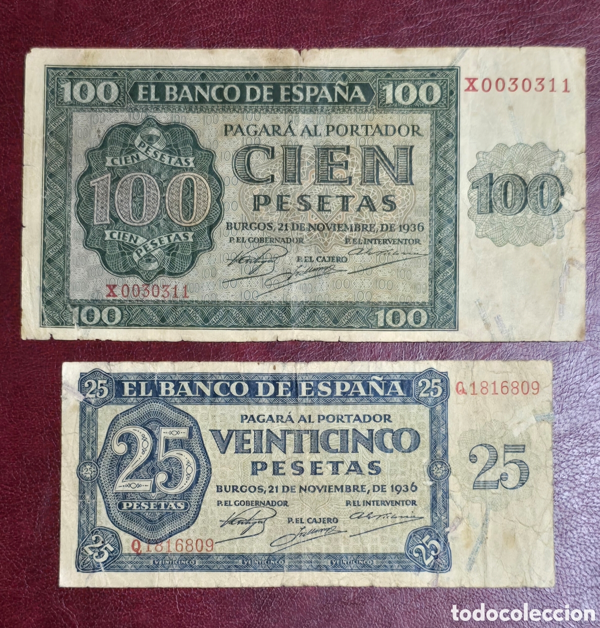 Billetes espa&ntilde;oles: Lote de 2 Billetes Espa&ntilde;oles de 100 y 25 Ptas Burgos 1936