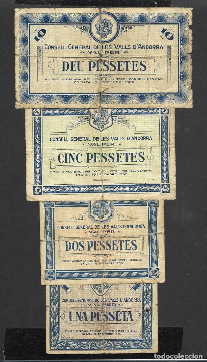 Spanische Banknoten: ANDORRA 5 BILLETES 1-2- 5-10 PESETAS 1936 AZUL