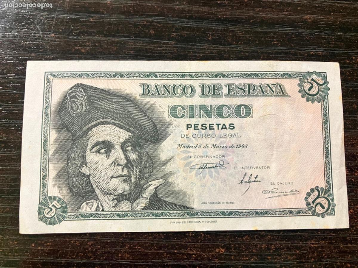 Billetes espa&ntilde;oles: Billete Espa&ntilde;a - 5 Pesetas 5 marzo 1948 - circulado en aceptable conservaci&oacute;n