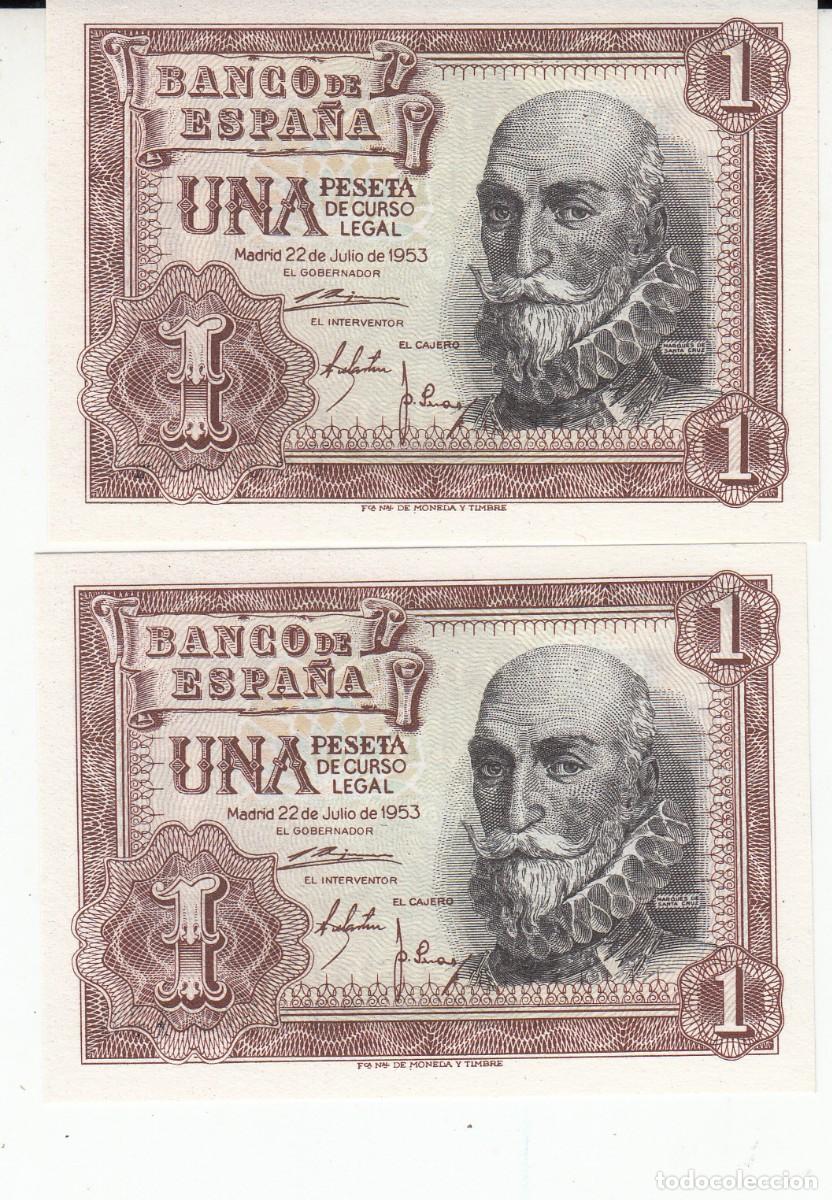 Billets espagnols: 2 BILLETES BANCO DE ESPA&Ntilde;A - 1 PESETA - 1953 - PAREJA CON N&Uacute;MEROS CORRELATIVOS - SIN CIRCULAR