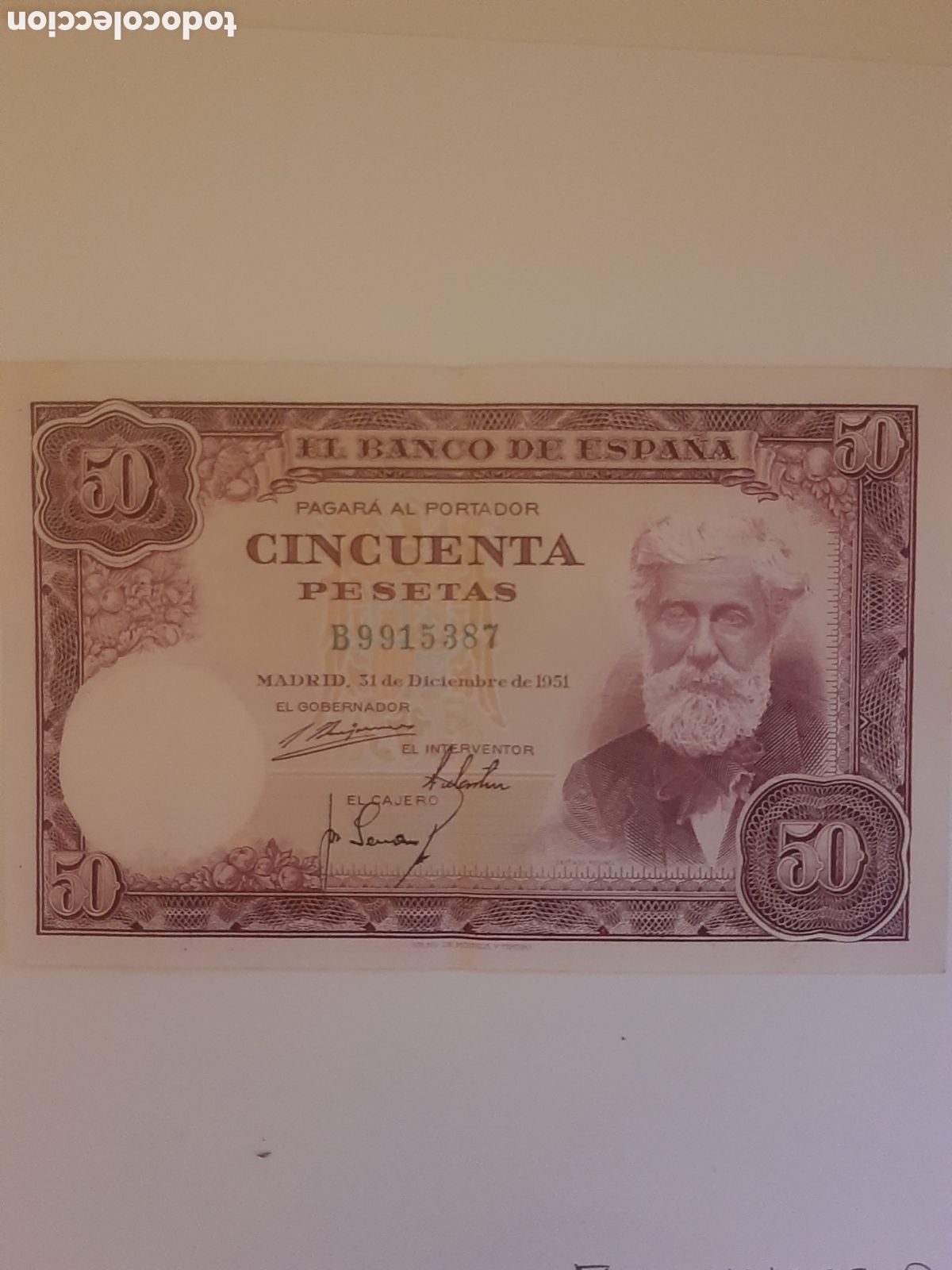 Billetes espa&ntilde;oles: ESTADO ESPA&Ntilde;OL BILLETE 50 PESETAS 31 DE DICIEMBRE 1951 (SANTIAGO RUSI&Ntilde;OL) SERIE B EBC+