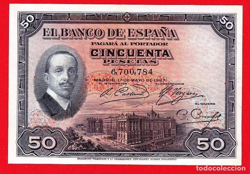 Billetes espa&ntilde;oles: 50 pesetas, 1927, ''Alfonso XIII'' MBC+, Dos agujeritos