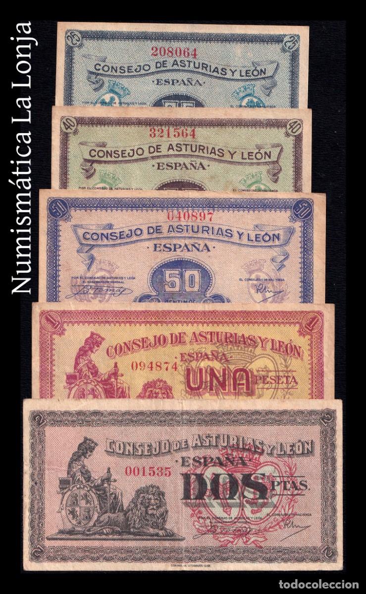 Billetes espa&ntilde;oles: Espa&ntilde;a Set 5 billetes Asturias y Le&oacute;n 25 40 50 C&eacute;ntimos 1 2 Pesetas 1936 Pick S601-S605 Mbc/Ebc