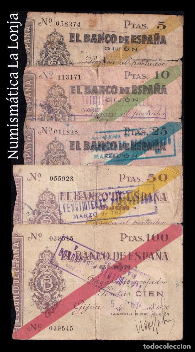 Billetes espa&ntilde;oles: Espa&ntilde;a Gij&oacute;n Set 5 billetes 5-100 Pesetas 1936 Pick S571-S575 Bc/Mbc F/Vf