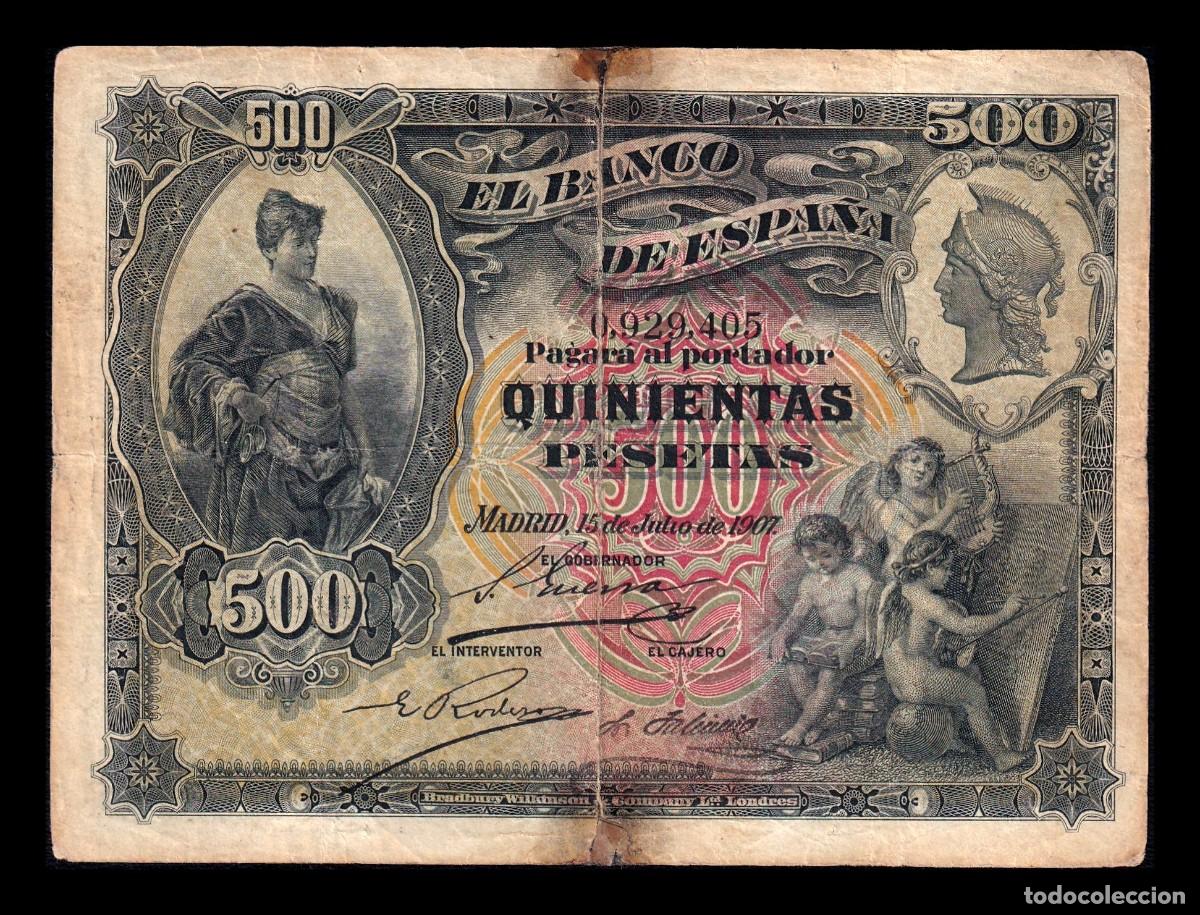 Billetes espa&ntilde;oles: Espa&ntilde;a 500 Pesetas Alegor&iacute;as 1907 Pick 65a Bc F
