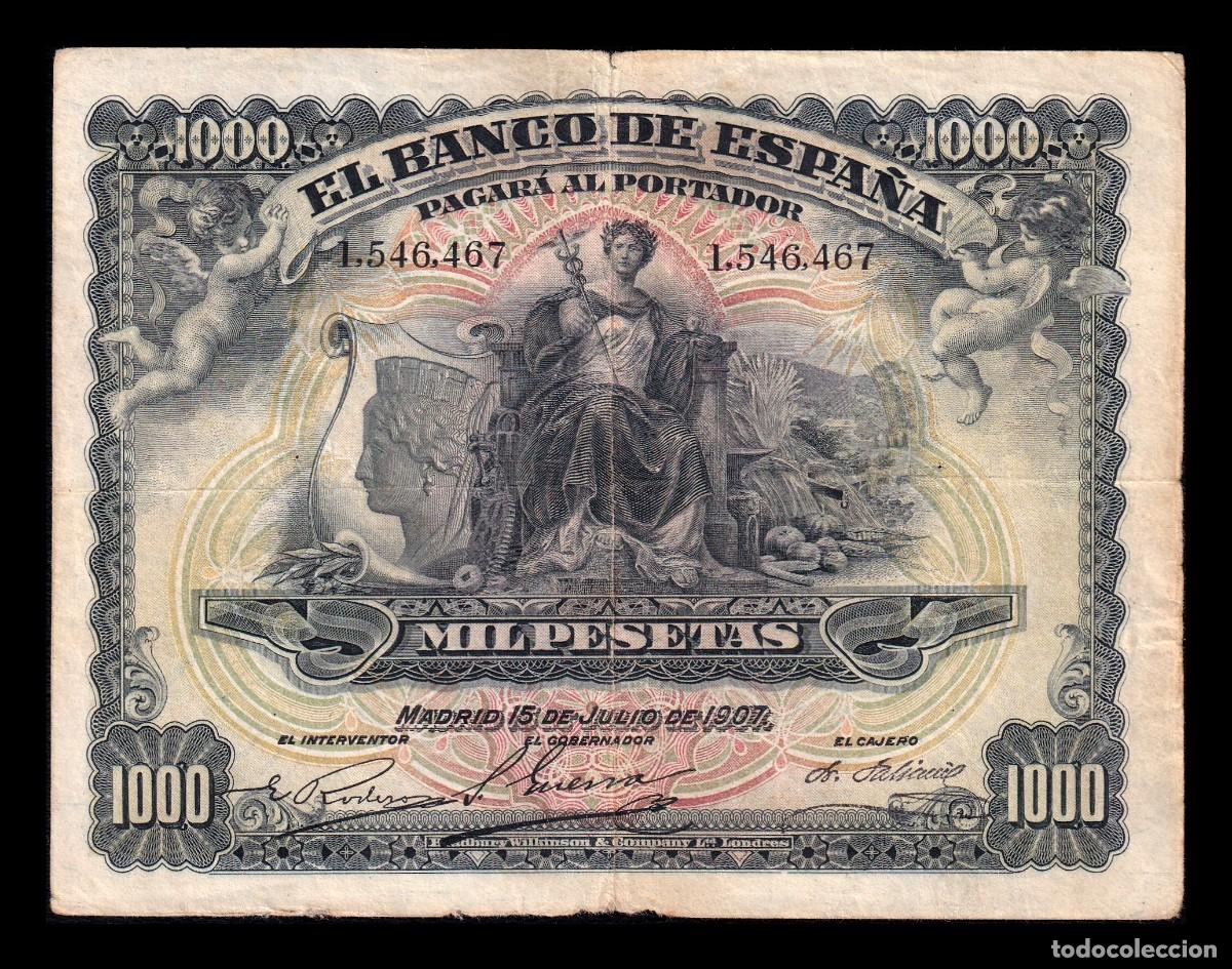 Billetes espa&ntilde;oles: Espa&ntilde;a 1000 Pesetas Alegor&iacute;as 1907 Pick 66a Bc/Mbc F/Vf