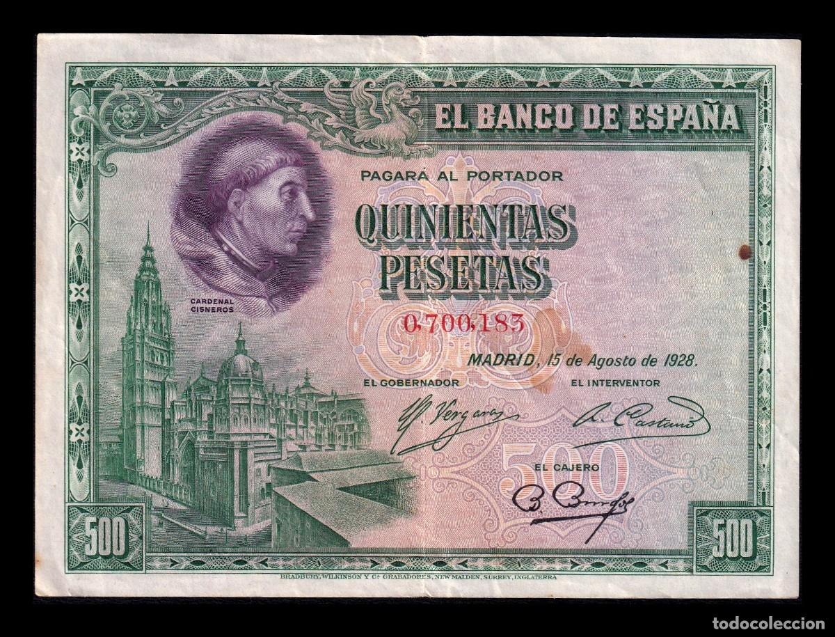 Billetes espa&ntilde;oles: Espa&ntilde;a 500 Pesetas Cardenal Cisneros 1928 Pick 77 Mbc Vf
