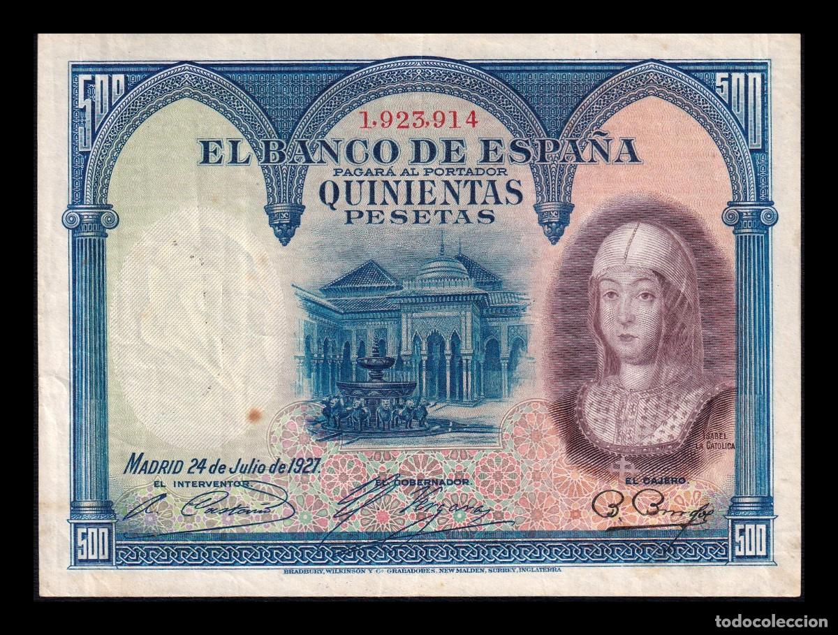 Billetes espa&ntilde;oles: Espa&ntilde;a 500 Pesetas Isabel La Cat&oacute;lica 1927 Pick 73 Mbc Vf