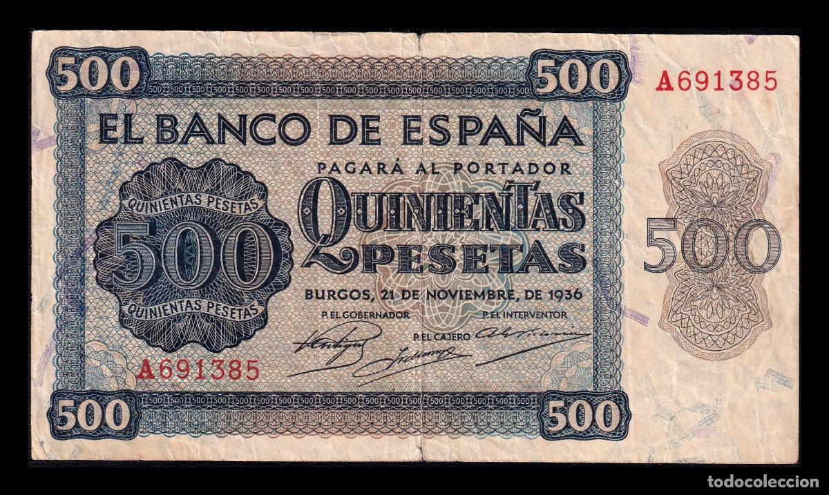 Billetes espa&ntilde;oles: Espa&ntilde;a 500 Pesetas Burgos 1936 Pick 102 Serie A Bc/+ F/+