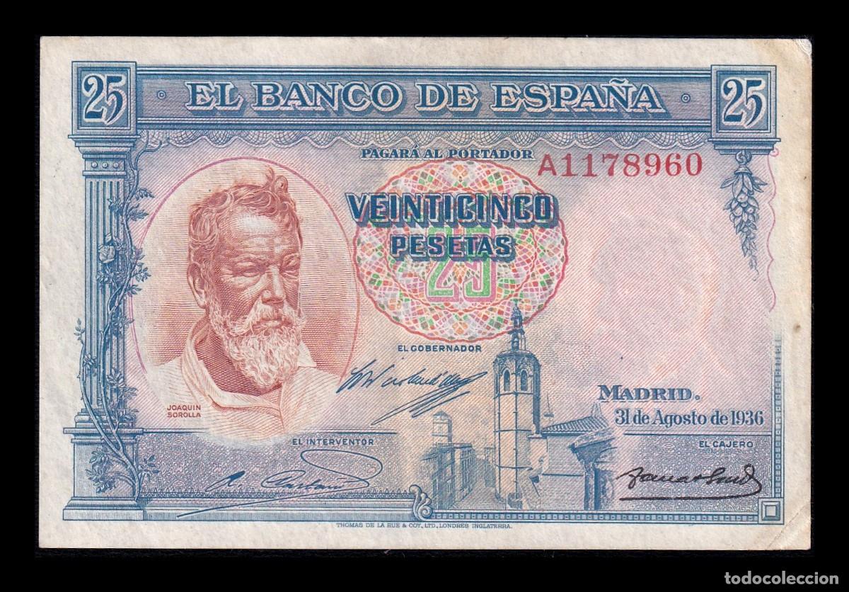 Billetes espa&ntilde;oles: Espa&ntilde;a 25 Pesetas Joaqu&iacute;n Sorolla 1936 Pick 87b Serie A Ebc Xf