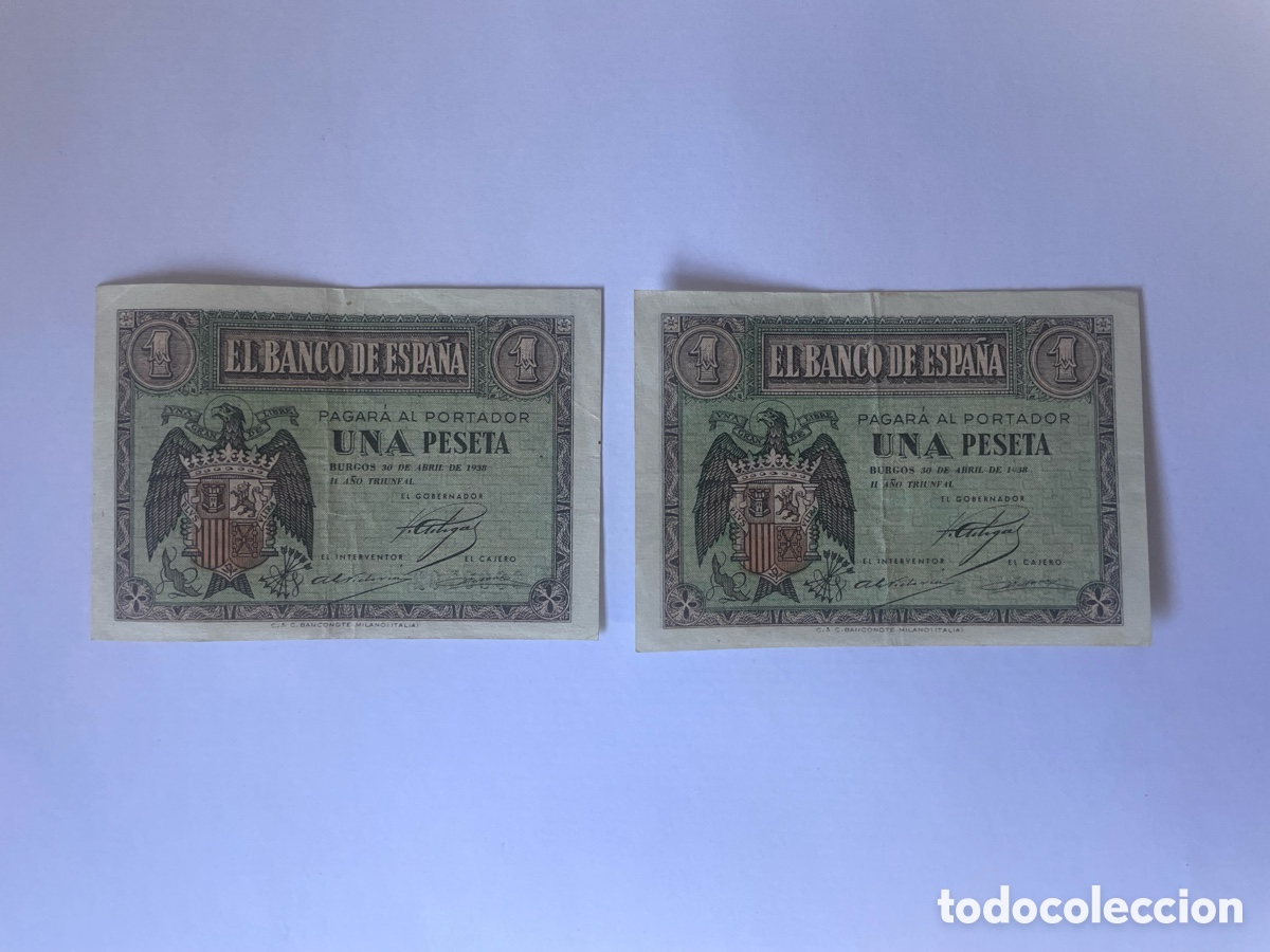Billetes espa&ntilde;oles: Espa&ntilde;a 1 Peseta 1938 &middot; Burgos II A&ntilde;o Triunfal &middot; Pareja Correlativa L6990792-L6990793 &middot; MBC/EBC