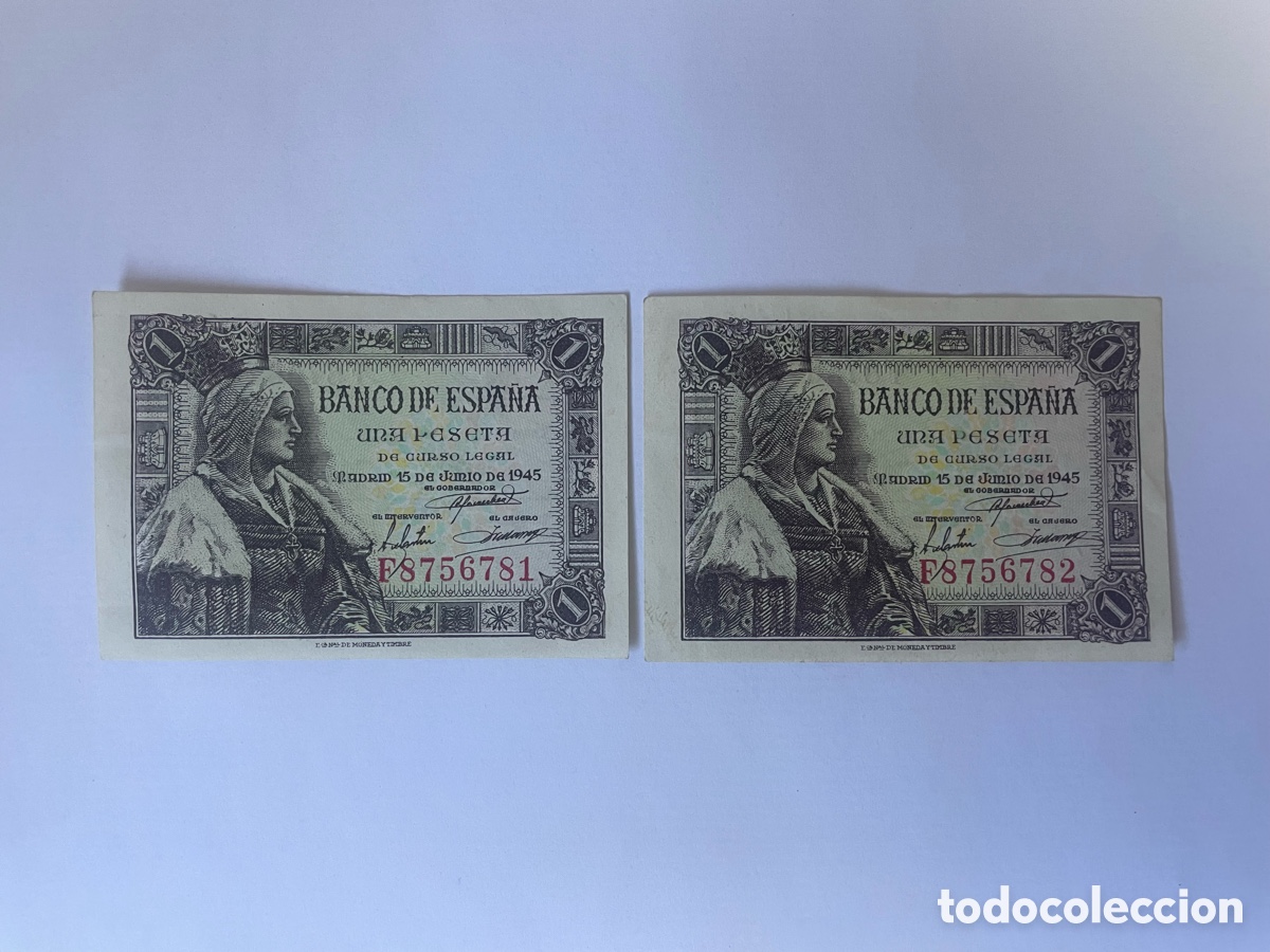 Billetes espa&ntilde;oles: Espa&ntilde;a 1 Peseta 1945 &middot; Isabel la Cat&oacute;lica &middot; Pareja Correlativa F8756781-F8756782 &middot; EBC+