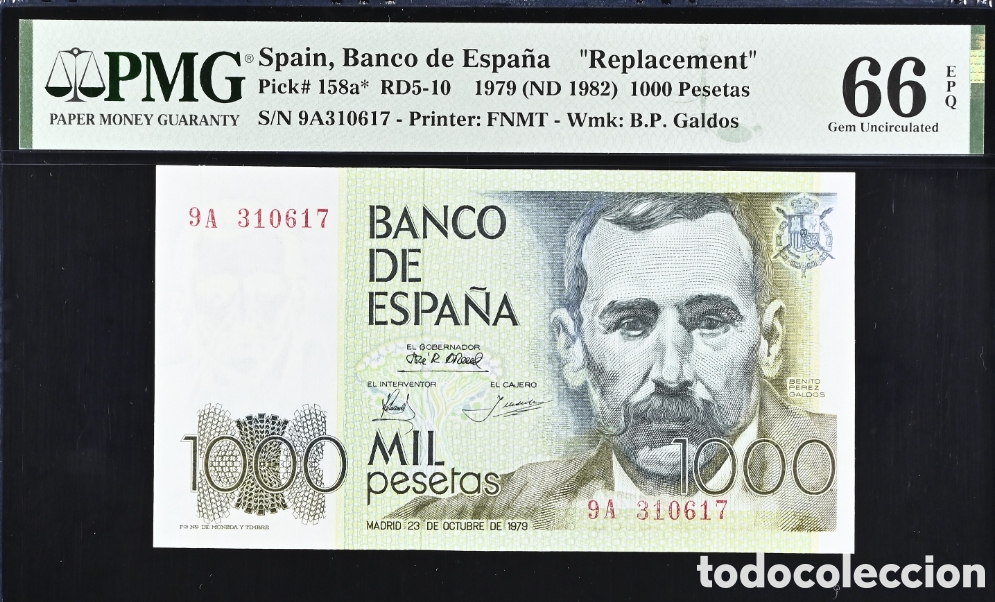 Billetes espa&ntilde;oles: Billete 1000 PESETAS 1979 -PEREZ GALD&Oacute;S- PMG 66 EPQ, serie especial 9A