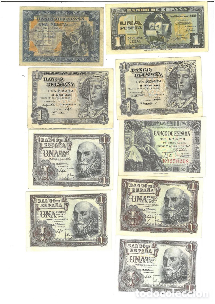 Billetes espa&ntilde;oles: Lote 9 Billetes Espa&ntilde;a 1 Peseta 1938-1953