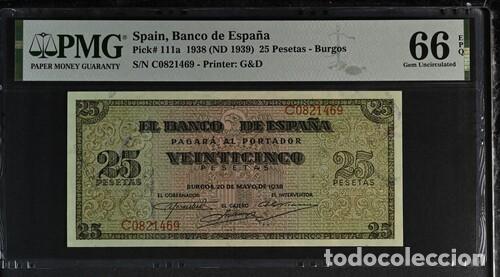 Billetes espa&ntilde;oles: ESPA&Ntilde;A * BILLETE 25 PESETAS 1938 BURGOS * PMG-66 EPQ (IC-1843)