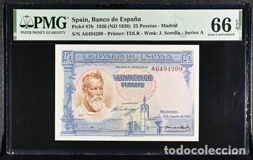 Billetes espa&ntilde;oles: ESPA&Ntilde;A * BILLETE 25 PESETAS 1936 * PMG-66 EPQ (IC-1844)
